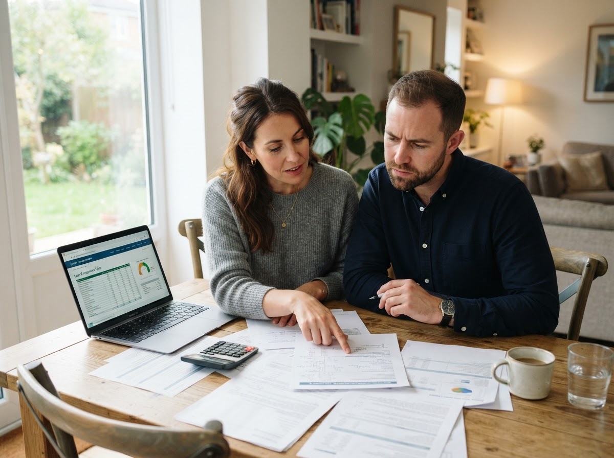 Photorealistic candid photography of a couple reviewing mortgage loan options with printed documents and a laptop at a dining table, natural window light, thoughtful expressions, realistic modern home setting, premium editorial photography, no text overlays, no logos, no watermarks.