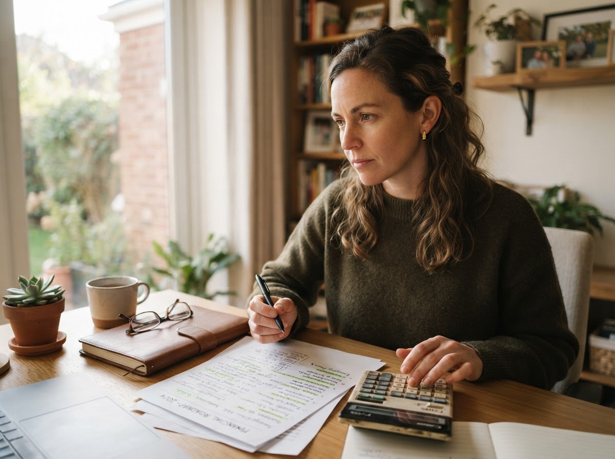 Photorealistic candid photography of an individual reviewing a personal financial plan with handwritten notes and a calculator on a desk, thoughtful focused expression, soft daylight from a nearby window, realistic home office setting, warm muted tones, premium editorial lifestyle photography, no text overlays, no logos, no watermarks.