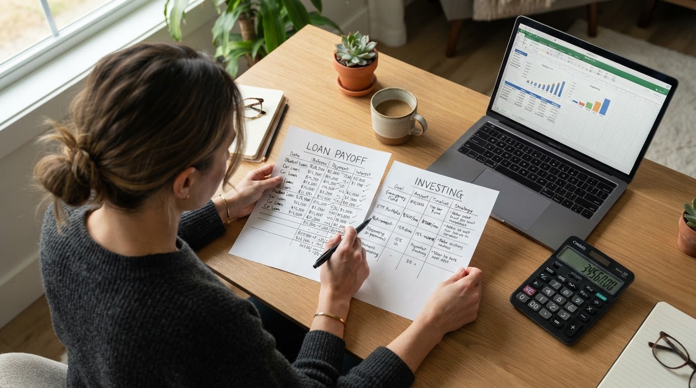 Photorealistic overhead shot of a person reviewing two options on paper labeled loan payoff and investing, with a calculator and laptop on a clean modern desk, natural window light, thoughtful candid moment, premium editorial lifestyle photography, no text overlays, no logos, no watermarks.