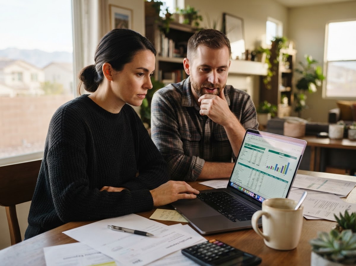 Photorealistic candid photography of a couple reviewing their household budget and savings on a laptop at a dining table in a Las Vegas home, printed financial documents and a coffee mug nearby, warm window light, thoughtful focused expressions, realistic lifestyle editorial photography, no text overlays, no logos, no watermarks.