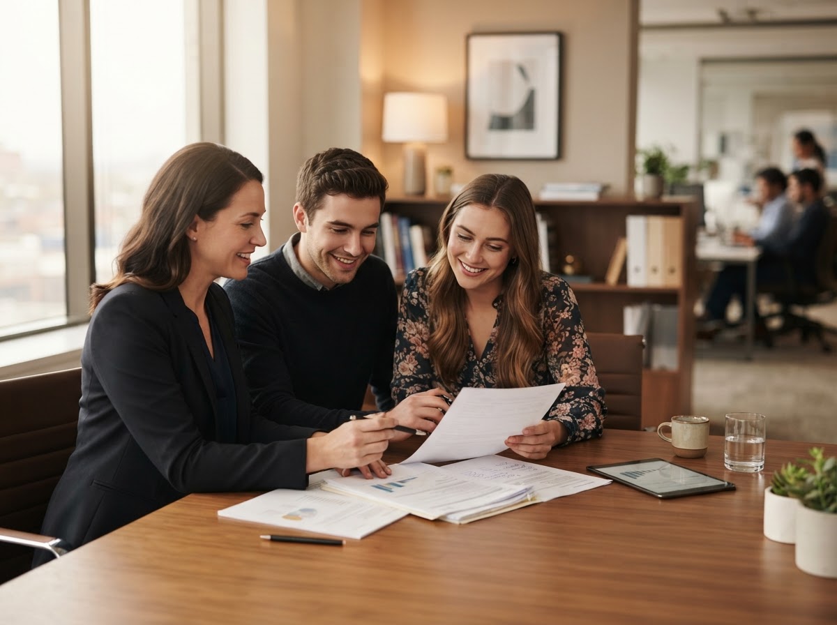 Photorealistic candid photography of a mortgage loan officer meeting with a couple at a table reviewing loan documents together, friendly but professional setting, soft natural lighting, warm tones, premium editorial business photography, no text overlays, no logos, no watermarks.