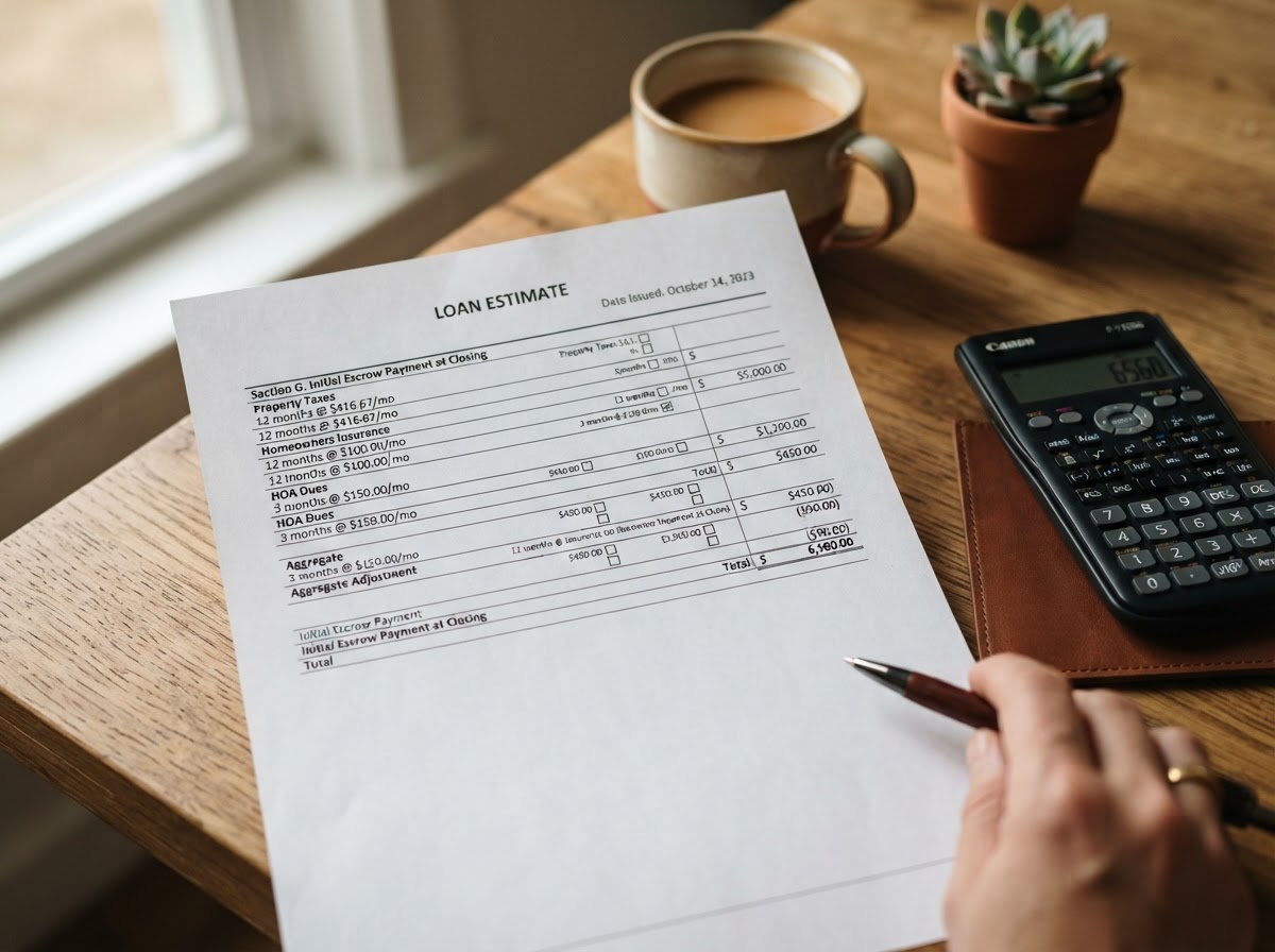 Photorealistic close-up of a printed mortgage loan estimate document on a wooden desk showing escrow item line rows for property taxes, homeowners insurance, and HOA dues next to a calculator and a pen, soft natural daylight from a nearby window, shallow depth of field, realistic financial paperwork details, premium editorial photography, warm neutral tones, no text overlays, no logos, no watermarks.