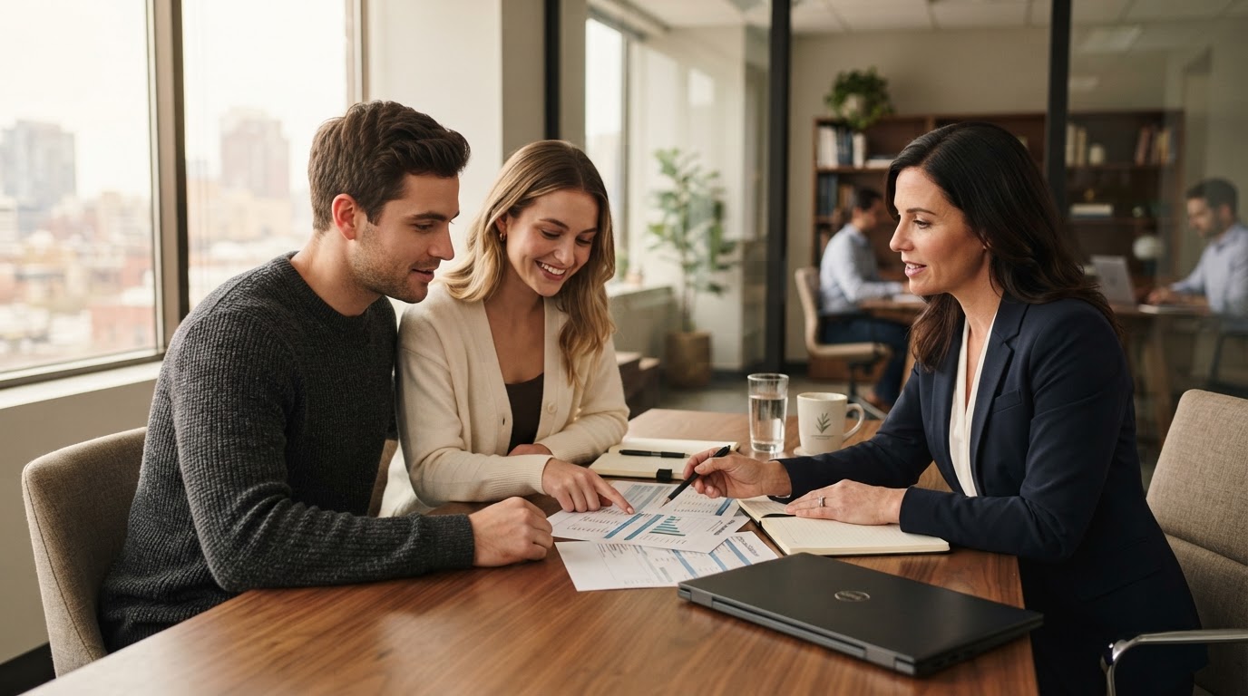 Photorealistic candid photography of a young couple meeting with a mortgage professional at a desk reviewing loan option documents together, warm natural office lighting, neutral tones, realistic professional setting, premium editorial business photography, no text overlays, no logos, no watermarks.