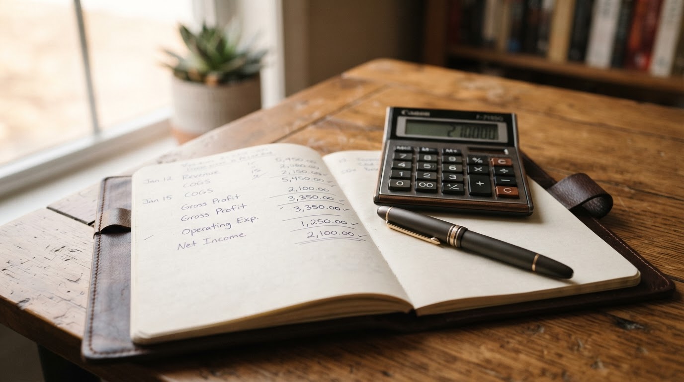 Photorealistic close-up of a financial notebook showing handwritten calculations next to a calculator and pen on a warm wooden desk, shallow depth of field, soft natural window light, premium editorial lifestyle photography, no text overlays, no logos, no watermarks.