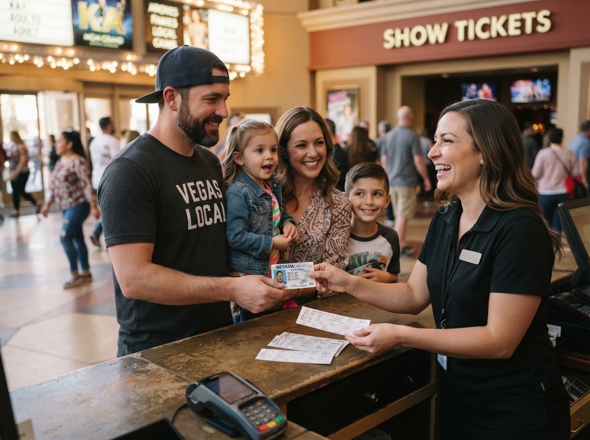 Photorealistic candid photography of a local family at a Las Vegas attraction box office, a Nevada driver's license and show tickets on the counter, warm natural daylight, authentic friendly interaction with an attendant, realistic editorial photography, no text overlays, no logos, no watermarks.