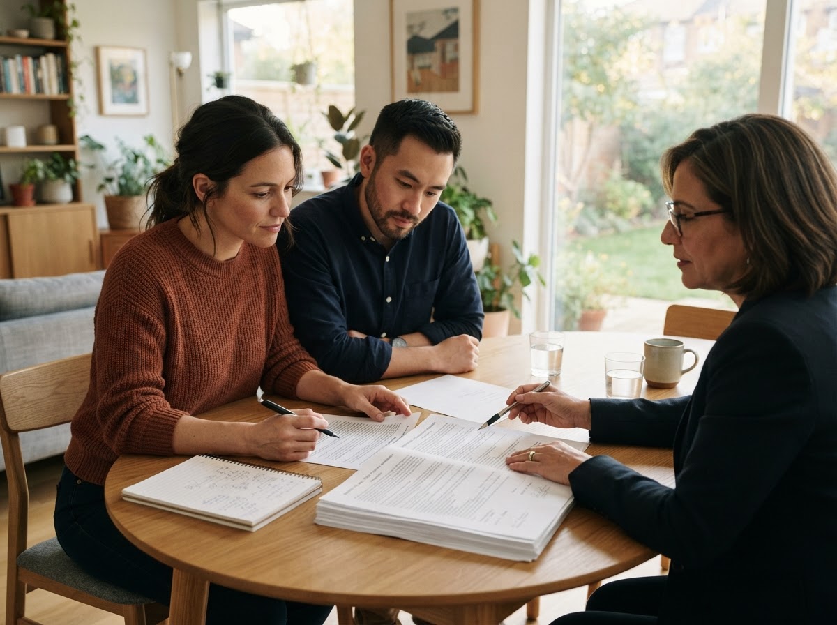 Photorealistic candid photography of a couple sitting with a real estate agent at a dining table calmly reviewing a printed home offer and contract documents together, thoughtful grounded expressions rather than excitement, a notepad and pen on the table, modern home setting, warm natural afternoon light, realistic editorial business photography, no text overlays, no logos, no watermarks.