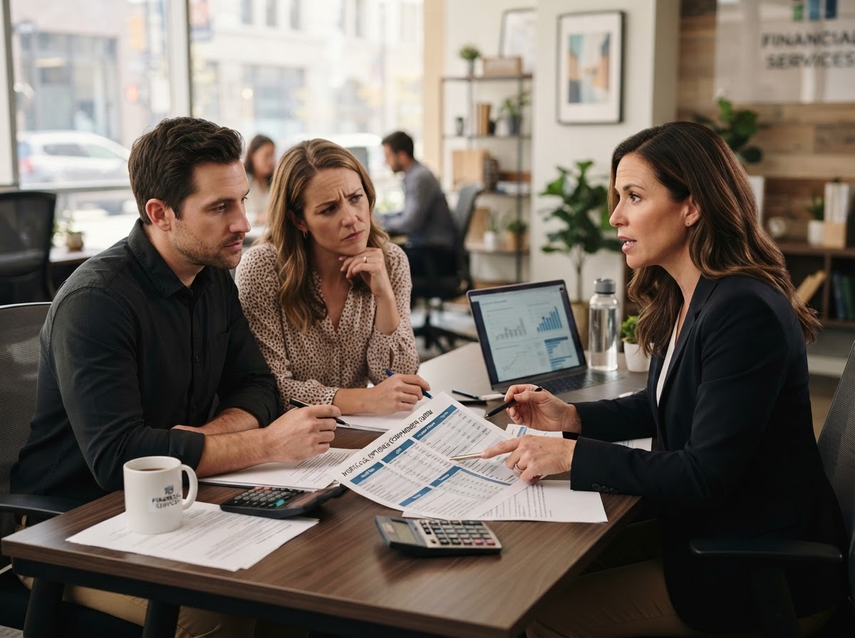 Photorealistic candid photography of a mortgage loan advisor explaining multiple loan options to a couple seated across a desk, printed charts and documents spread out between them, warm indoor lighting, authentic professional consultation moment, realistic modern office setting, thoughtful expressions, no text overlays, no logos, no watermarks.