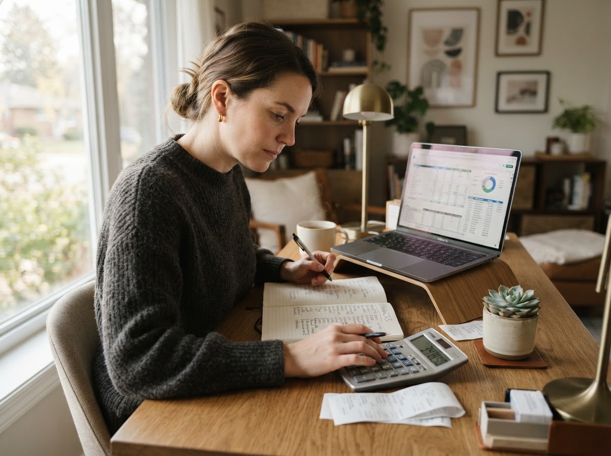 Photorealistic scene of a person at a desk reviewing finances with a calculator, notebook, and laptop, soft daylight from a nearby window, organized and thoughtful environment, warm neutral tones, candid lifestyle feel, premium editorial photography, no text overlays, no logos, no watermarks.