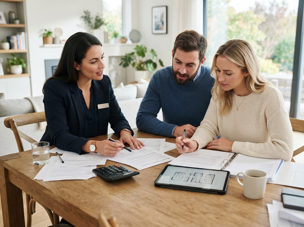 A real estate agent and couple reviewing paperwork at a dining table with a calculator and documents spread out, natural light, candid interaction, modern home setting, no text overlays, no logos, no watermarks.