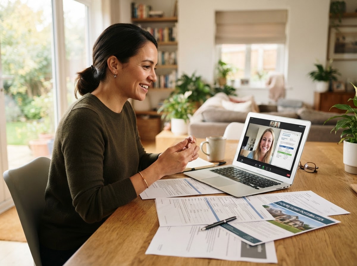 Photorealistic candid photography of a loan officer on a video call with a homebuyer planning a future purchase, laptop and printed loan documents on a dining table, warm afternoon light, thoughtful relaxed interaction, realistic modern home setting, premium editorial lifestyle photography, no text overlays, no logos, no watermarks.