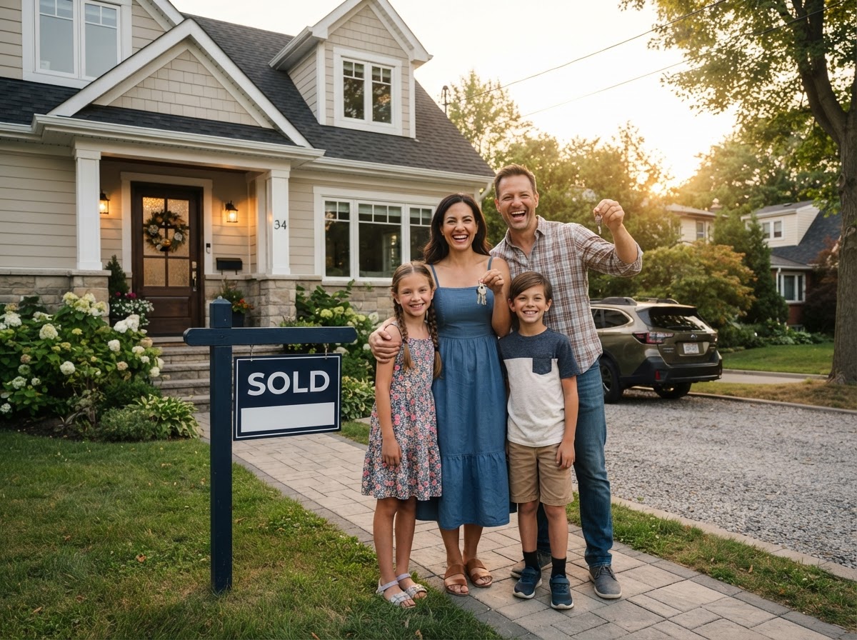 A family standing outside a newly purchased home with a sold sign, smiling and holding keys, suburban neighborhood, warm evening light, candid realistic photography, no text overlays, no logos, no watermarks.
