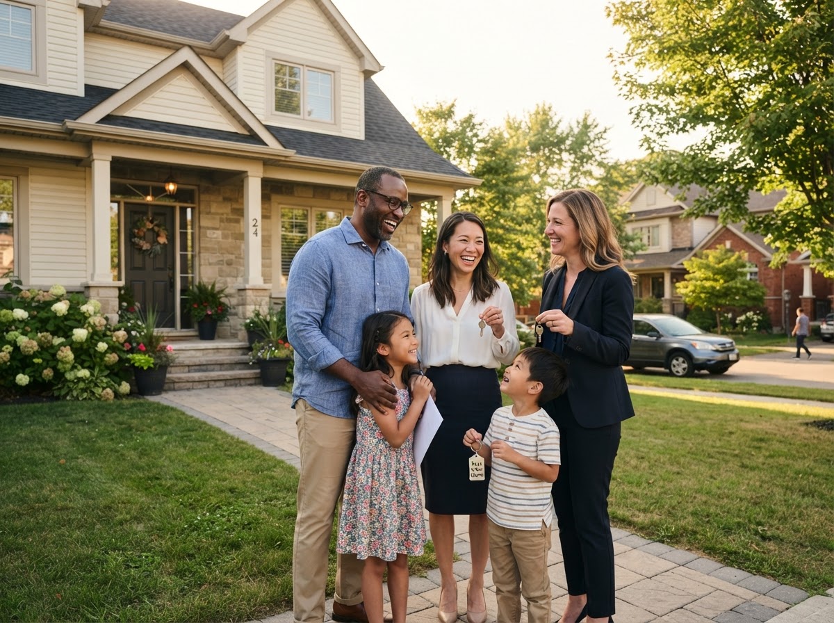 Photorealistic candid outdoor photography of a diverse family standing in front of a newly purchased home with a real estate agent, suburban neighborhood, warm natural afternoon light, authentic relaxed body language, realistic editorial real estate photography, no text overlays, no logos, no watermarks.