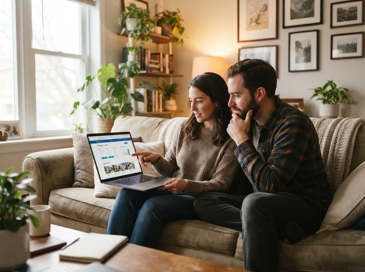 A young couple looking thoughtfully at a laptop showing mortgage charts while sitting in a cozy living room, soft daylight through windows, natural candid moment, realistic photography, no text overlays, no logos, no watermarks.