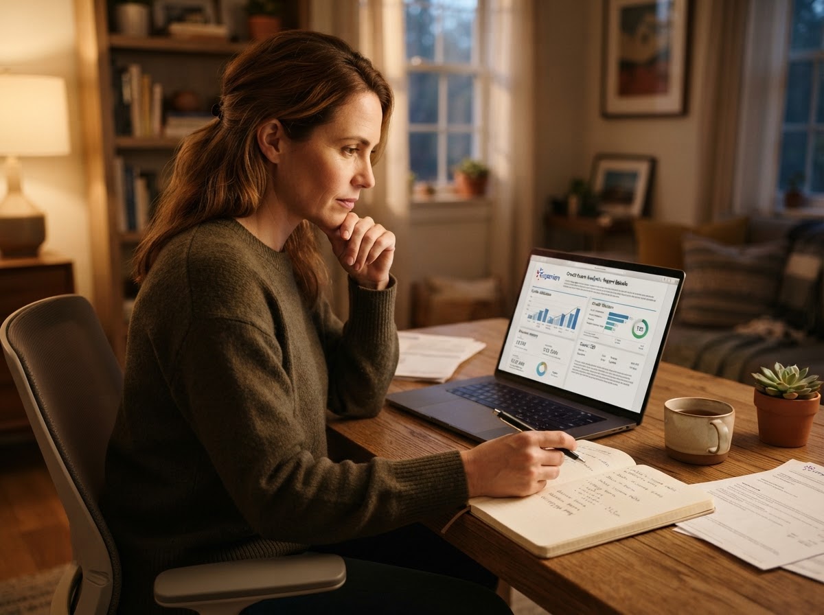 Photorealistic close-up of a person reviewing a credit report on a laptop with a notebook and pen beside them, soft indoor lighting, focused and thoughtful mood, realistic home office setting, warm tones, premium editorial lifestyle photography, no text overlays, no logos, no watermarks.