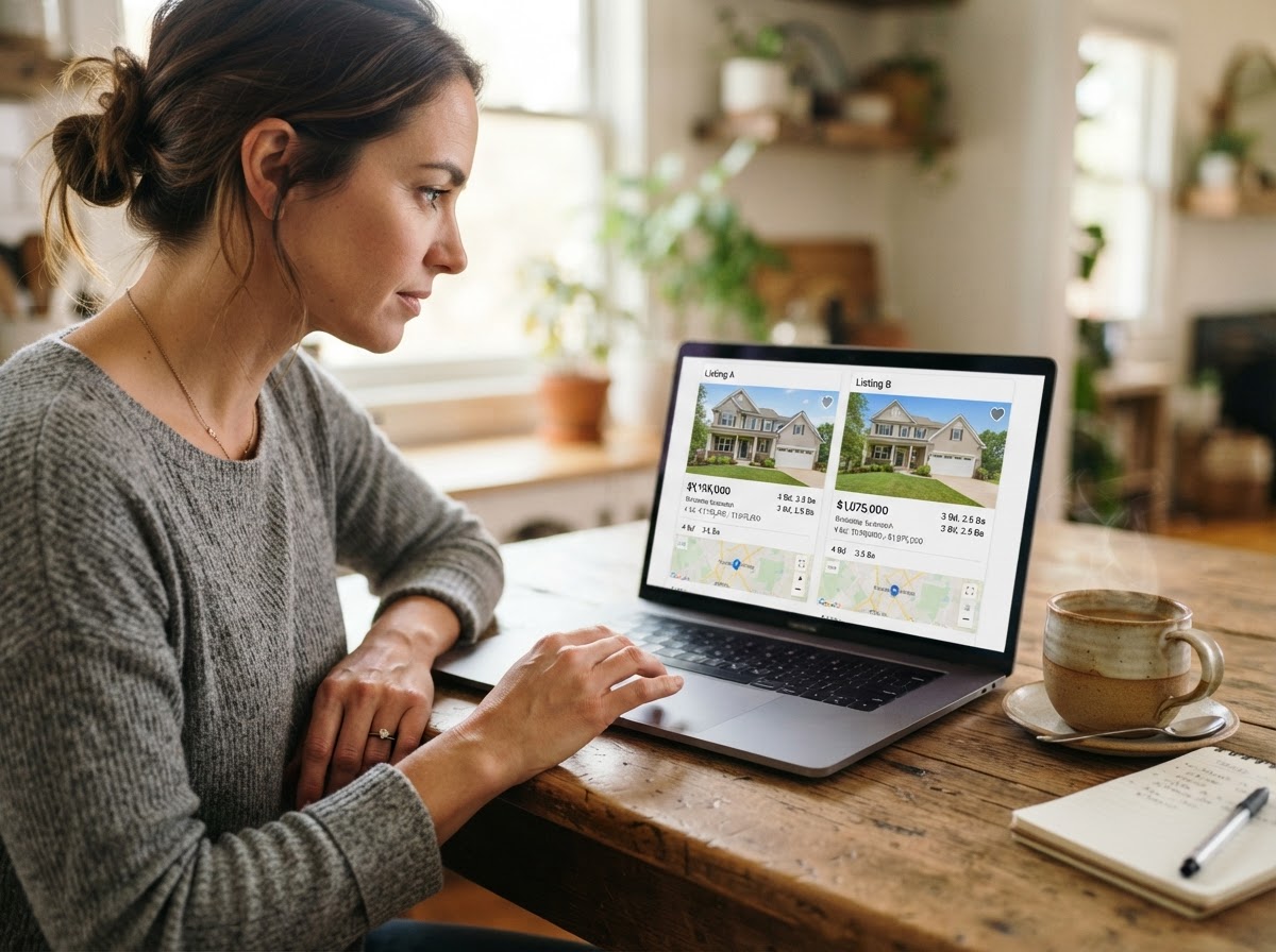 Photorealistic close-up of a person comparing two home listings on a laptop at a kitchen table, coffee mug nearby, natural morning light, realistic interface without visible branding, shallow depth of field, premium editorial photography, no text overlays, no logos, no watermarks.