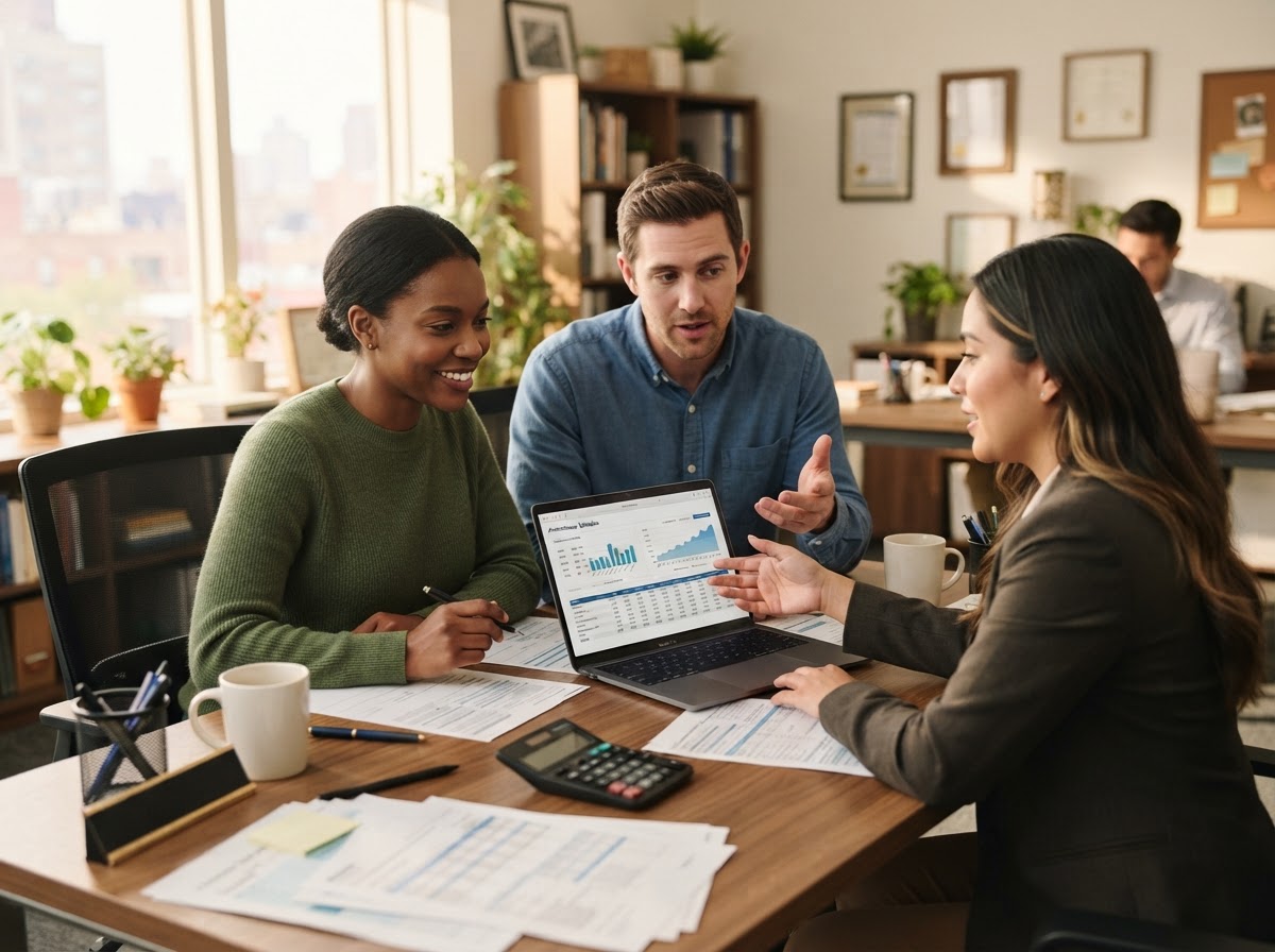 Photorealistic candid photography of a diverse couple reviewing mortgage options on a laptop with a loan officer in a bright office setting, collaborative discussion, printed loan documents and a calculator on the desk, warm natural daylight, realistic professional editorial photography, no text overlays, no logos, no watermarks.