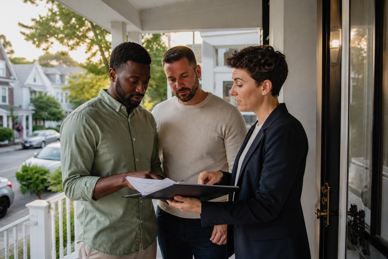 Photorealistic candid outdoor real estate scene for an article about P&L loans. A same-sex couple of different races stands on the front porch of a home with a real estate agent, holding a folder with financial documents while viewing the property.