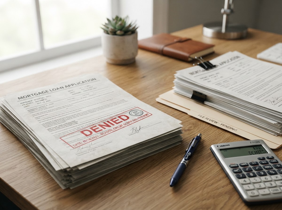 Photorealistic close-up of mortgage loan documents on a neutral office desk with a red denied stamp next to a second organized stack of papers set aside for review, a pen and calculator nearby, soft natural window light, shallow depth of field, premium editorial photography, realistic paperwork details, muted professional tones, no text overlays, no logos, no watermarks.