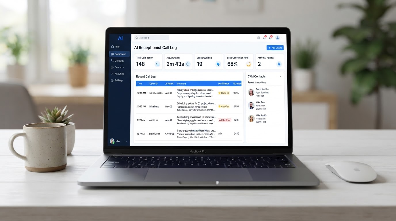 AI receptionist software dashboard showing call summaries and lead qualification