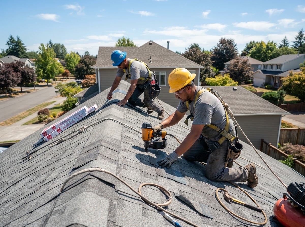 Professional roofers installing shingles on a residential roof