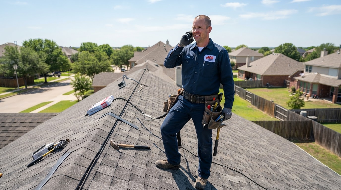 Roofer on a job site taking a call on his mobile phone