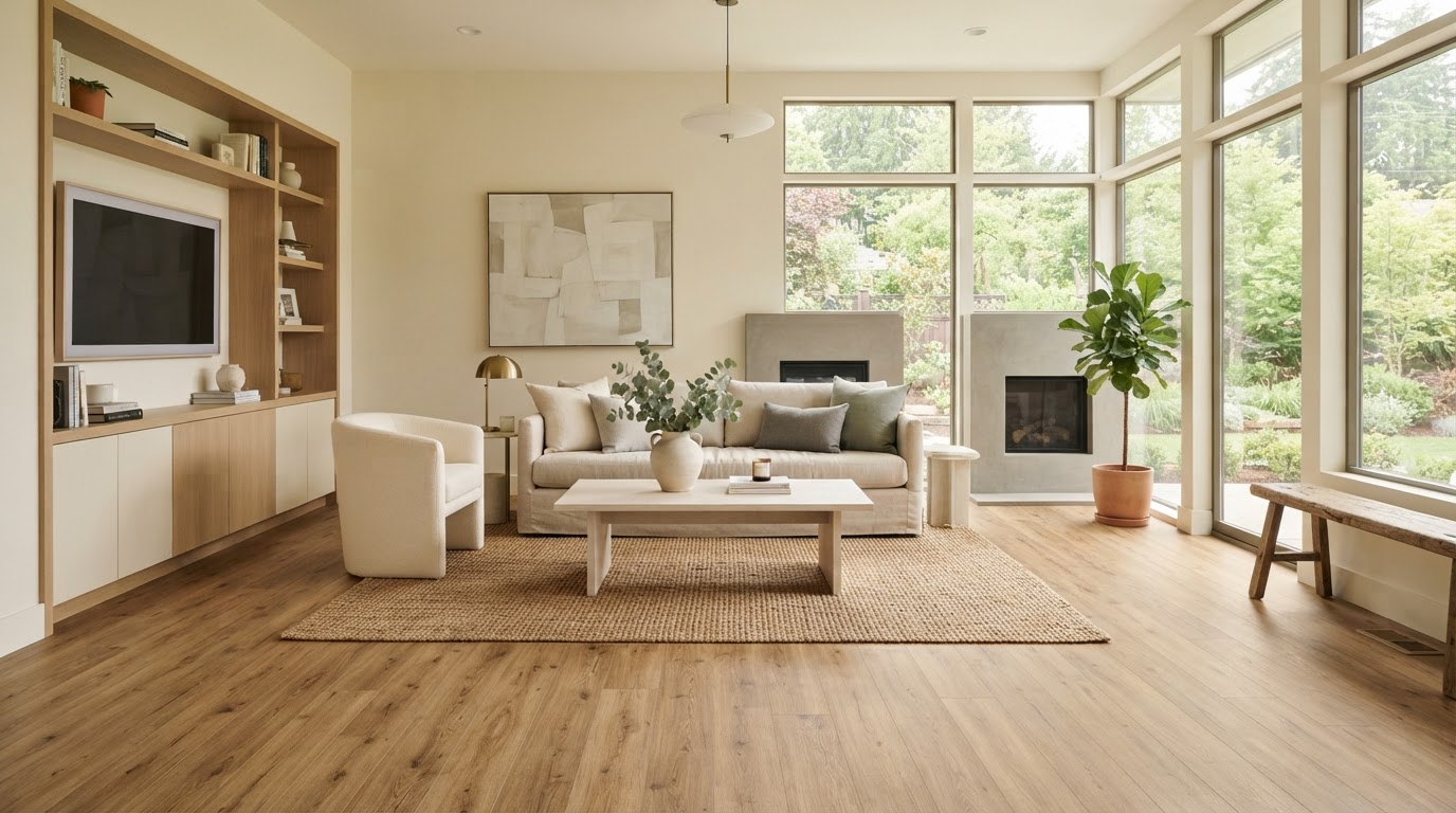 Modern residential living room with professionally installed luxury vinyl plank flooring
