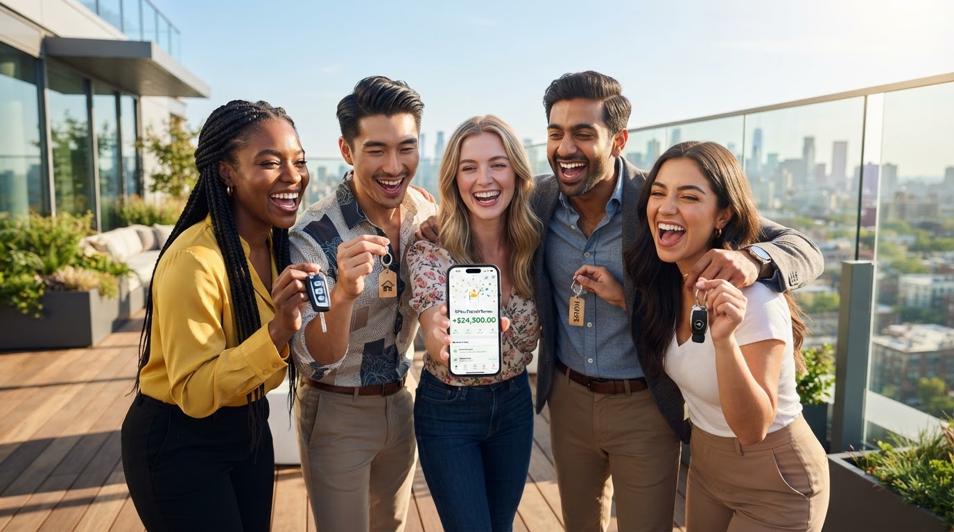 Friends celebrating credit approvals and referral financial freedom
