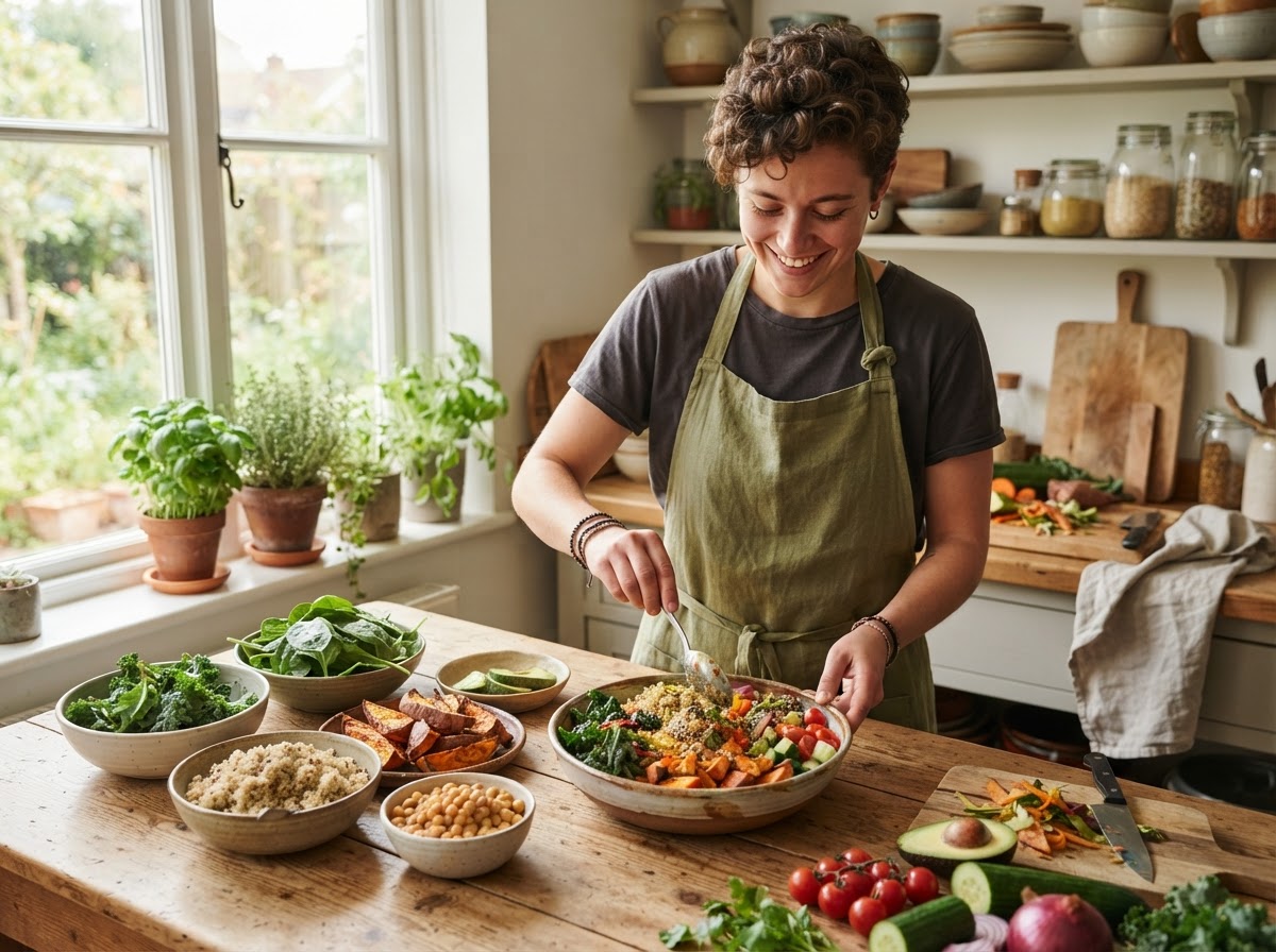 A person preparing a colorful bowl of fresh vegetables and grains in a sunlit kitchen