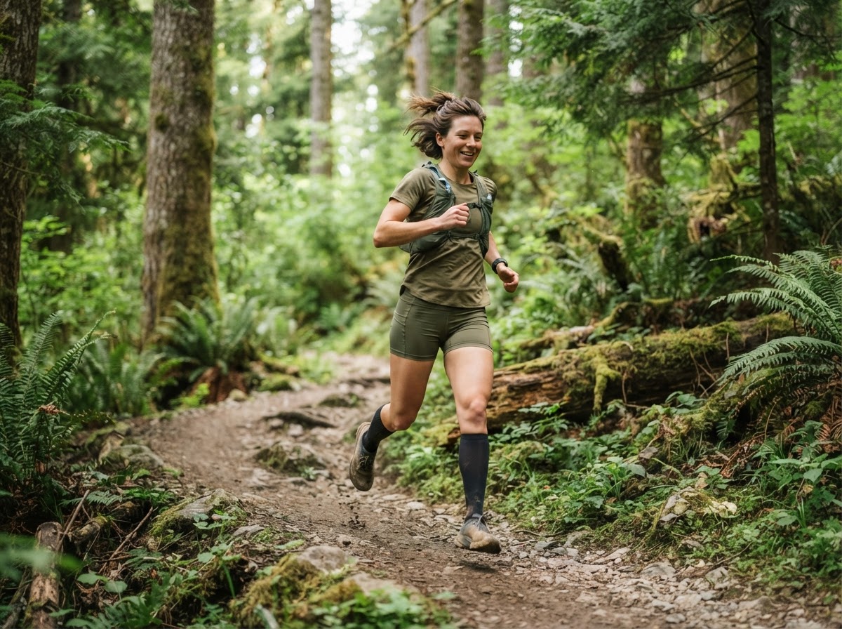 A runner mid-stride on a forest trail in earthy green athletic wear