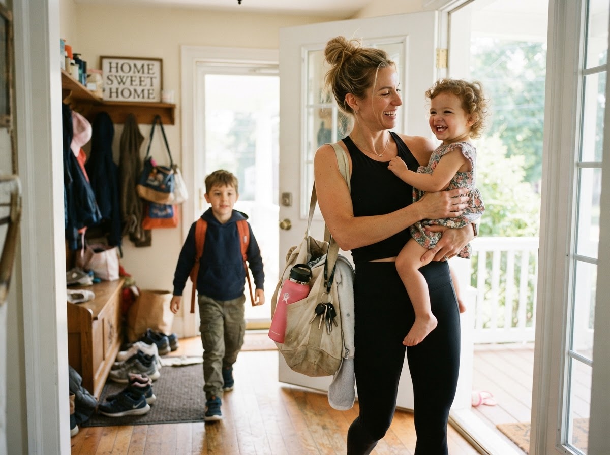 Busy smiling mother holding toddler daughter in home doorway during busy family morning