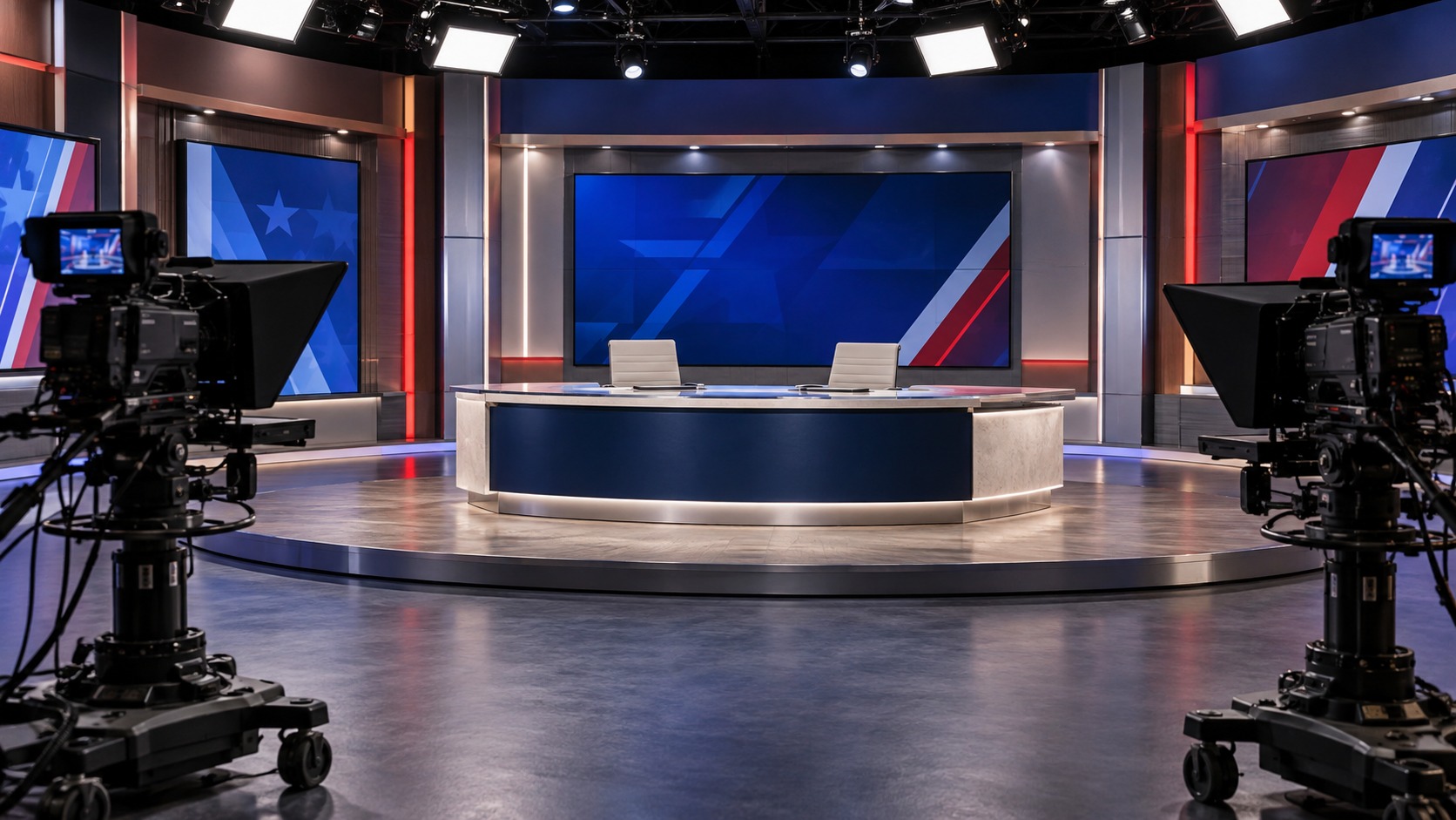 Studio concept illustration of the Election Night 2026 broadcast set.