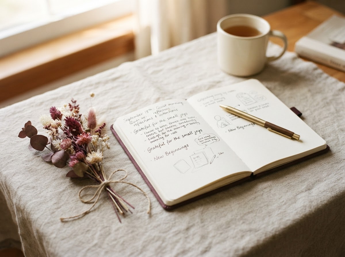 Cuaderno abierto con flores secas sobre un mantel de lino, luz matutina