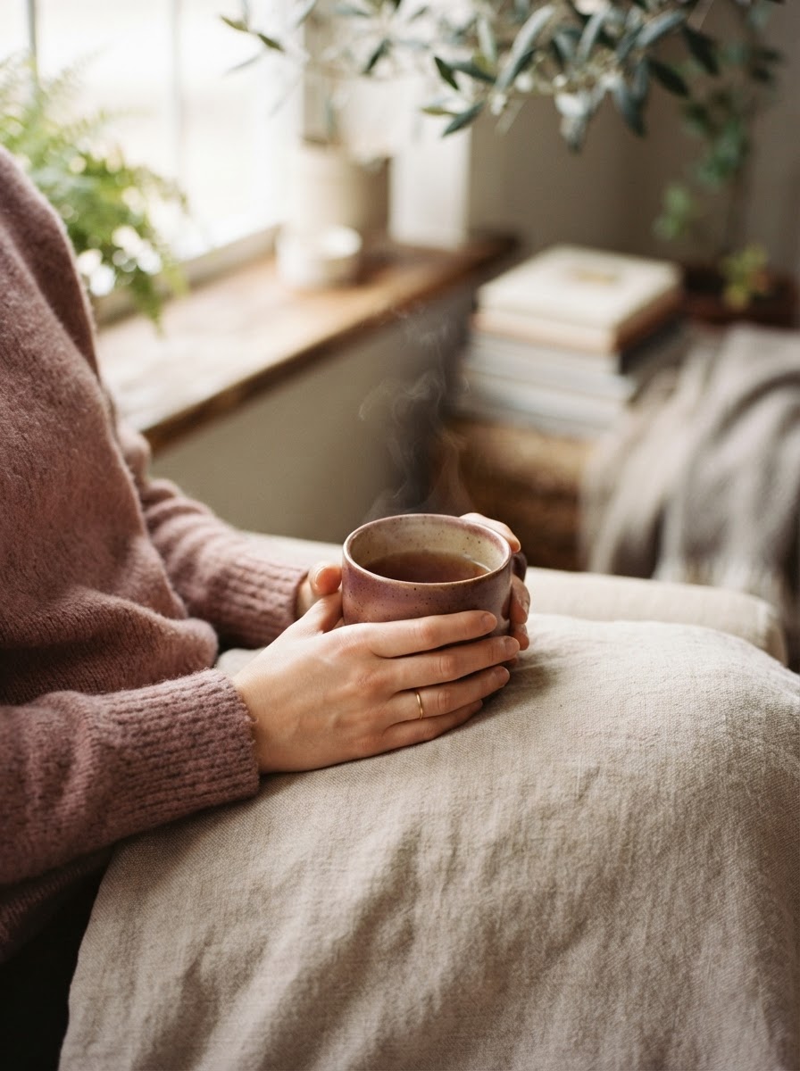 Manos de una mujer sosteniendo una taza de té con luz cálida