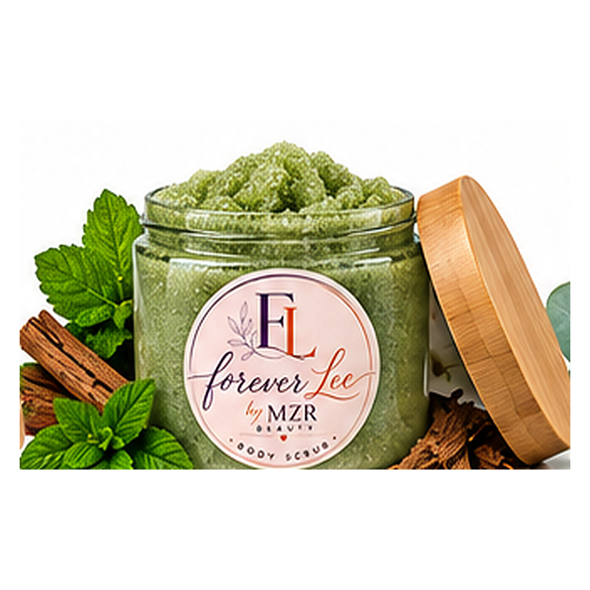Forever Cozy jar surrounded by fresh silver dollar eucalyptus leaves and cooling mint sprigs
