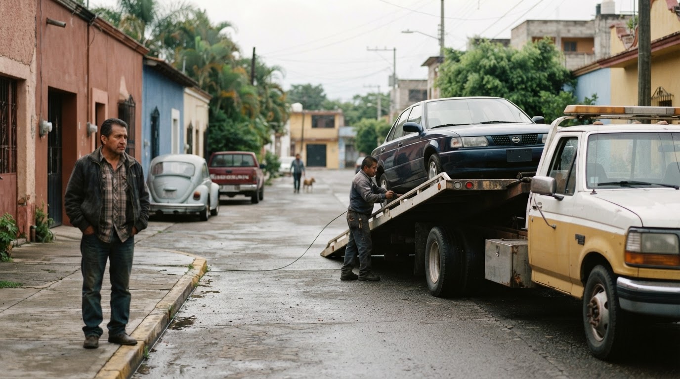 Un vehículo familiar siendo cargado en una grúa de remolque en una calle residencial mientras su propietario lo observa con preocupación, representando el secuestro de un vehículo por una deuda.
