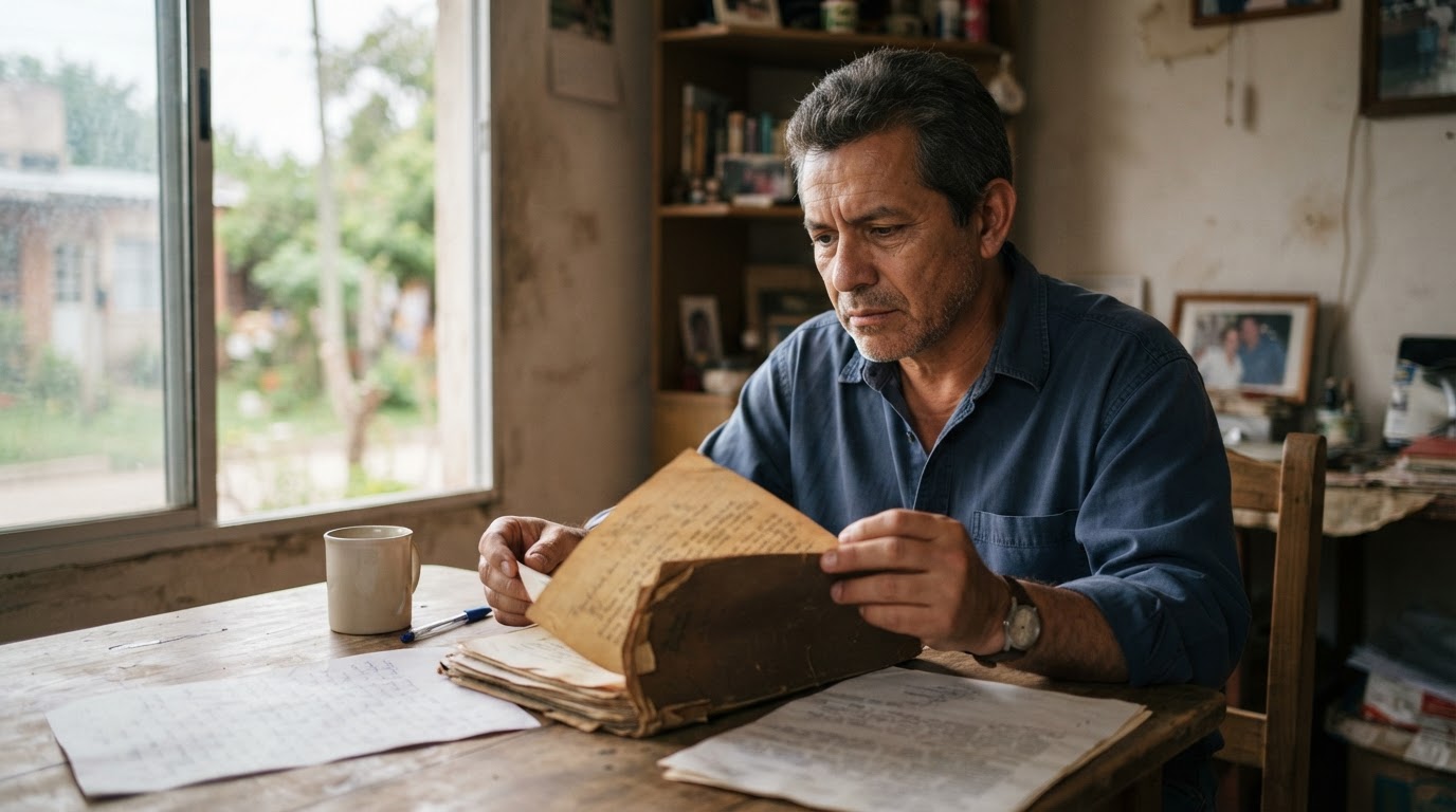 Un hombre adulto revisando documentos de propiedad con texto borroso sobre una mesa de madera dentro de su casa, mientras observa por la ventana el terreno donde ha vivido durante años, representando la situación de tener un terreno sin escrituras.