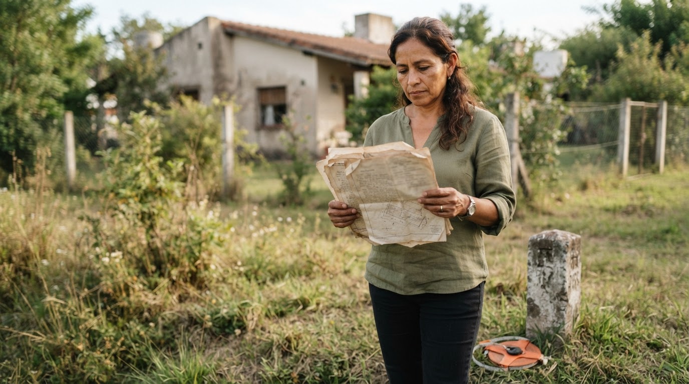 Una mujer adulta de pie junto al lindero de su lote de terreno revisando documentos de propiedad con texto borroso e ilegible, con un marcador de límites de concreto y una cinta de medición en el suelo, representando la regularización legal de un terreno sin escrituras.