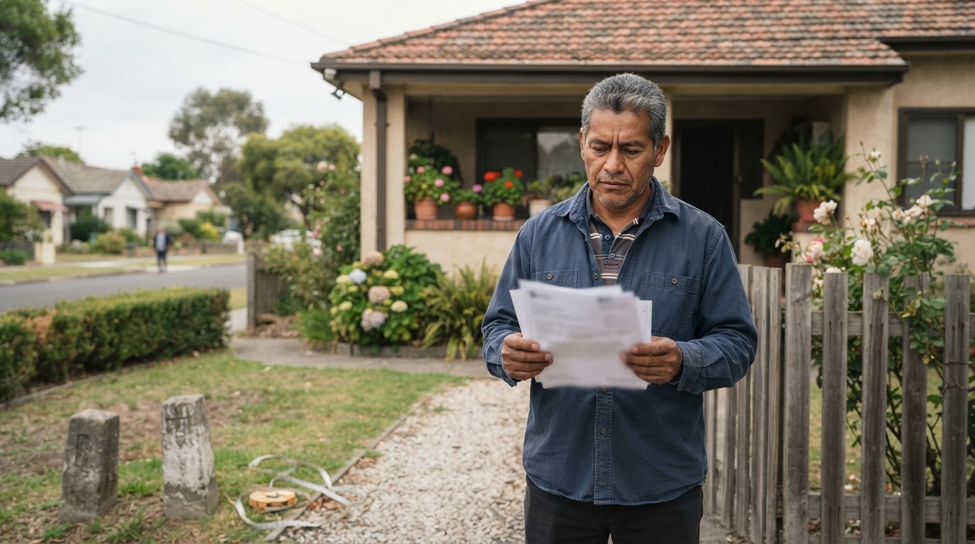Un propietario adulto de pie frente a su casa construida en un barrio residencial sosteniendo documentos de propiedad borrosos e ilegibles con expresión preocupada, mientras se ven marcadores de linderos y una cinta de medición en el suelo, representando la situación de tener un lote de terreno sin escrituras y la regularización de la propiedad.