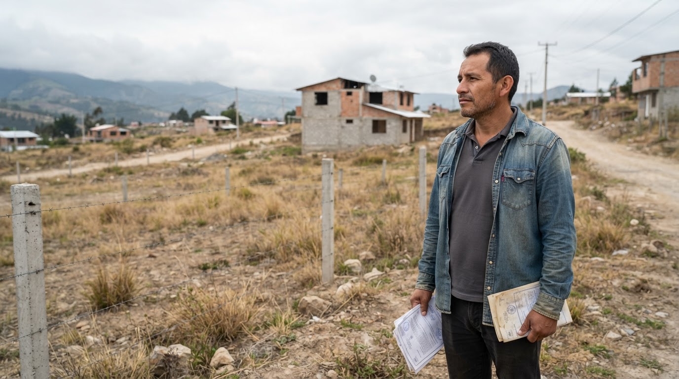 Un hombre de pie junto a un lote de terreno sin construir sosteniendo papeles de propiedad con texto borroso mientras revisa los límites del terreno, representando los lotes de terreno sin escrituras.