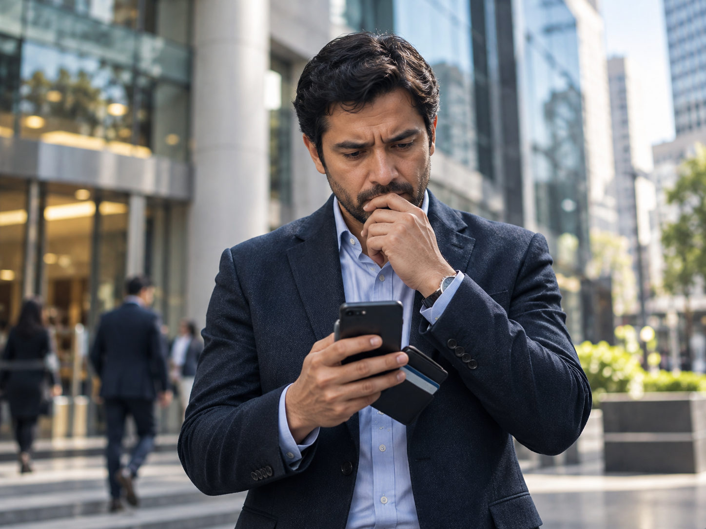 Hombre preocupado frente a una entidad bancaria revisando en su teléfono móvil y billetera el impacto del refinanciamiento de una deuda.