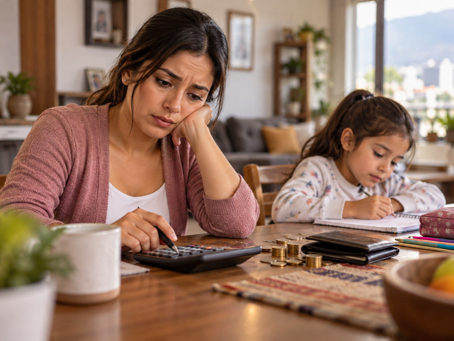 Madre preocupada calculando gastos con monedas y billetera en la mesa mientras su hija estudia, representando el cálculo y cuantía de la pensión de alimentos.