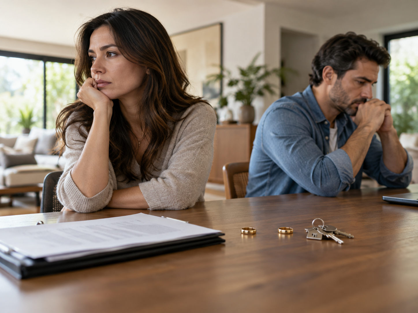 Pareja distanciada en una mesa con anillos de matrimonio y documentos legales, representando la disolución del vínculo matrimonial y la repartición de bienes.