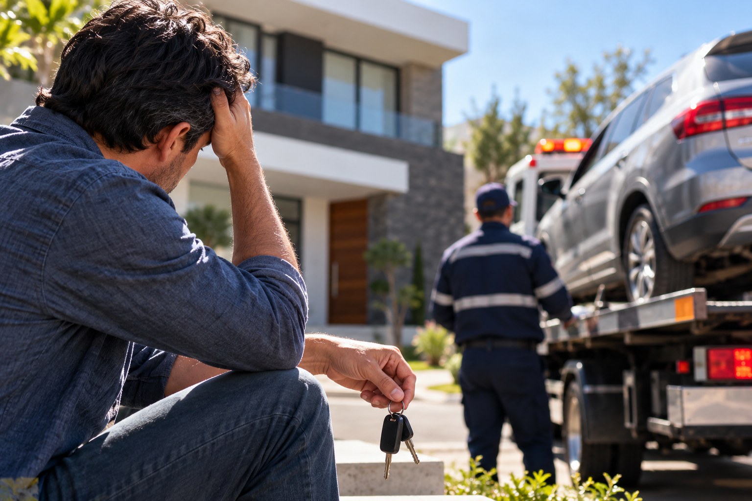 Propietario preocupado sentado frente a su vivienda mientras una grúa se lleva un vehículo, representando el riesgo de perder bienes por una deuda.