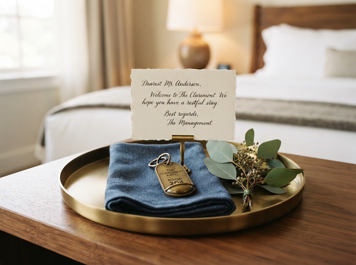 Hotel welcome tray with a brass room key and handwritten welcome note