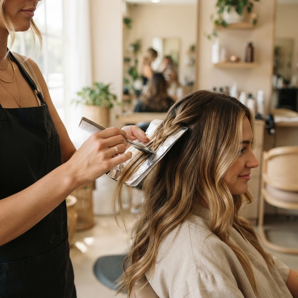 Stylist hand-painting blonde balayage highlights
