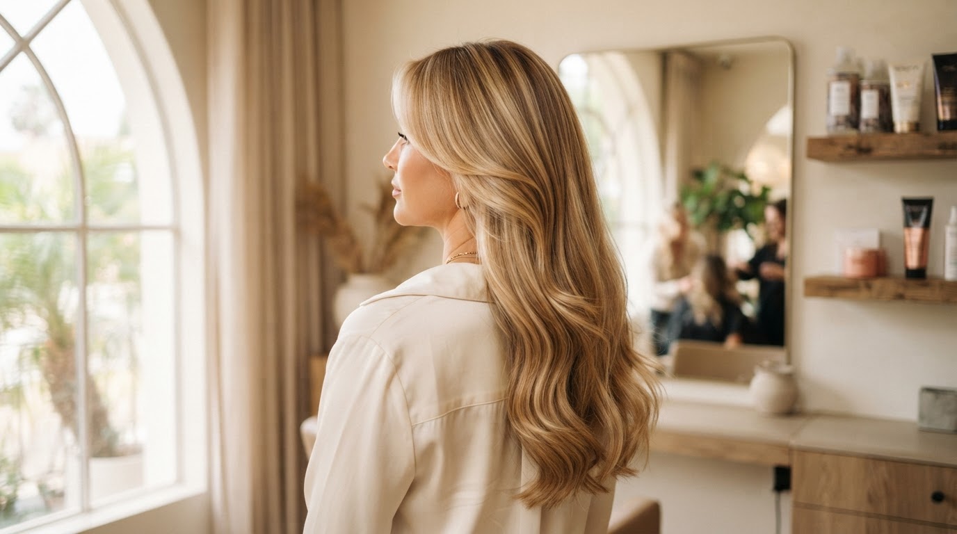 Luminous dimensional blonde balayage on long layered hair at Blonde Voyage in Mira Mesa