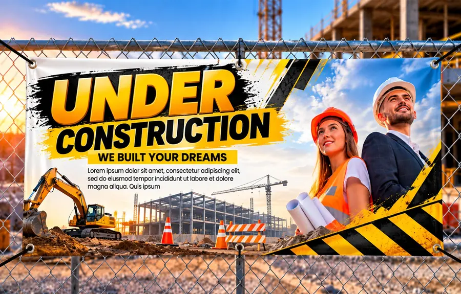 Full-color under construction vinyl banner hung on a chain-link fence