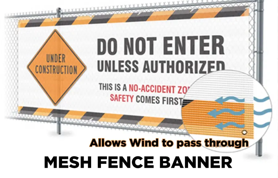 Mesh fence banner that lets wind pass through, do not enter construction message