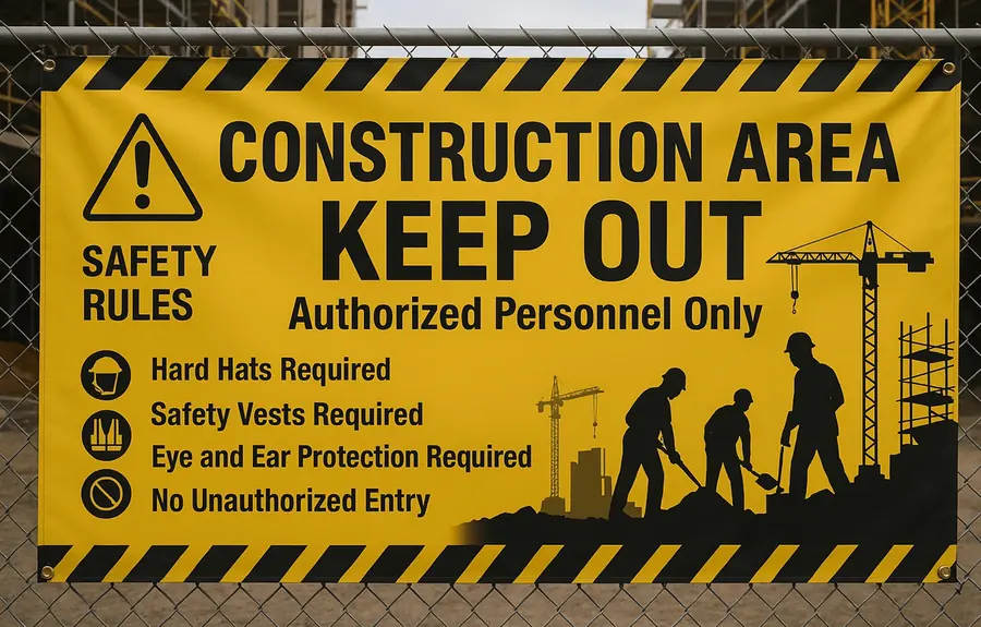 Yellow construction area keep out safety banner with safety rules