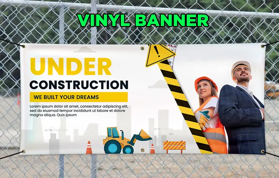 Under construction vinyl banner on a job site fence